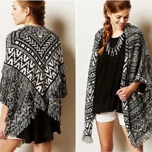Anthropologie Moth- Black & White Stripe Fringe Oversize Shawl Aztec- Size Small - Image 2