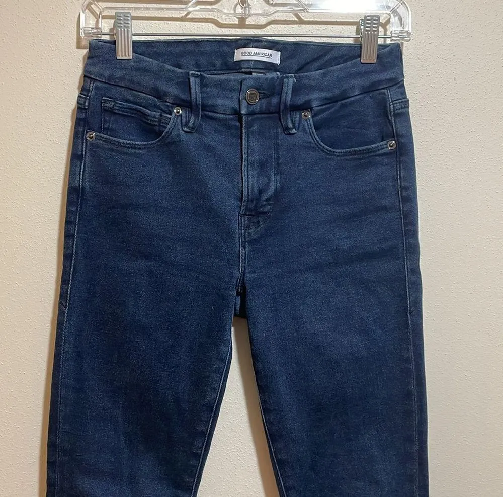 Good American Good Legs Frayed Hem Dark Wash Blue Skinny Jeans Size 0/25 - Image 5
