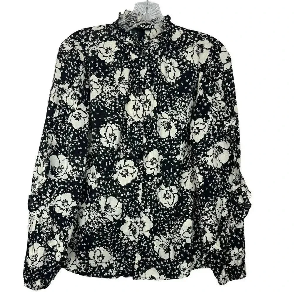 Who What Wear Floral Novelty Long Sleeve Button Down Shirt S Ruffle Collar NWT - Image 2