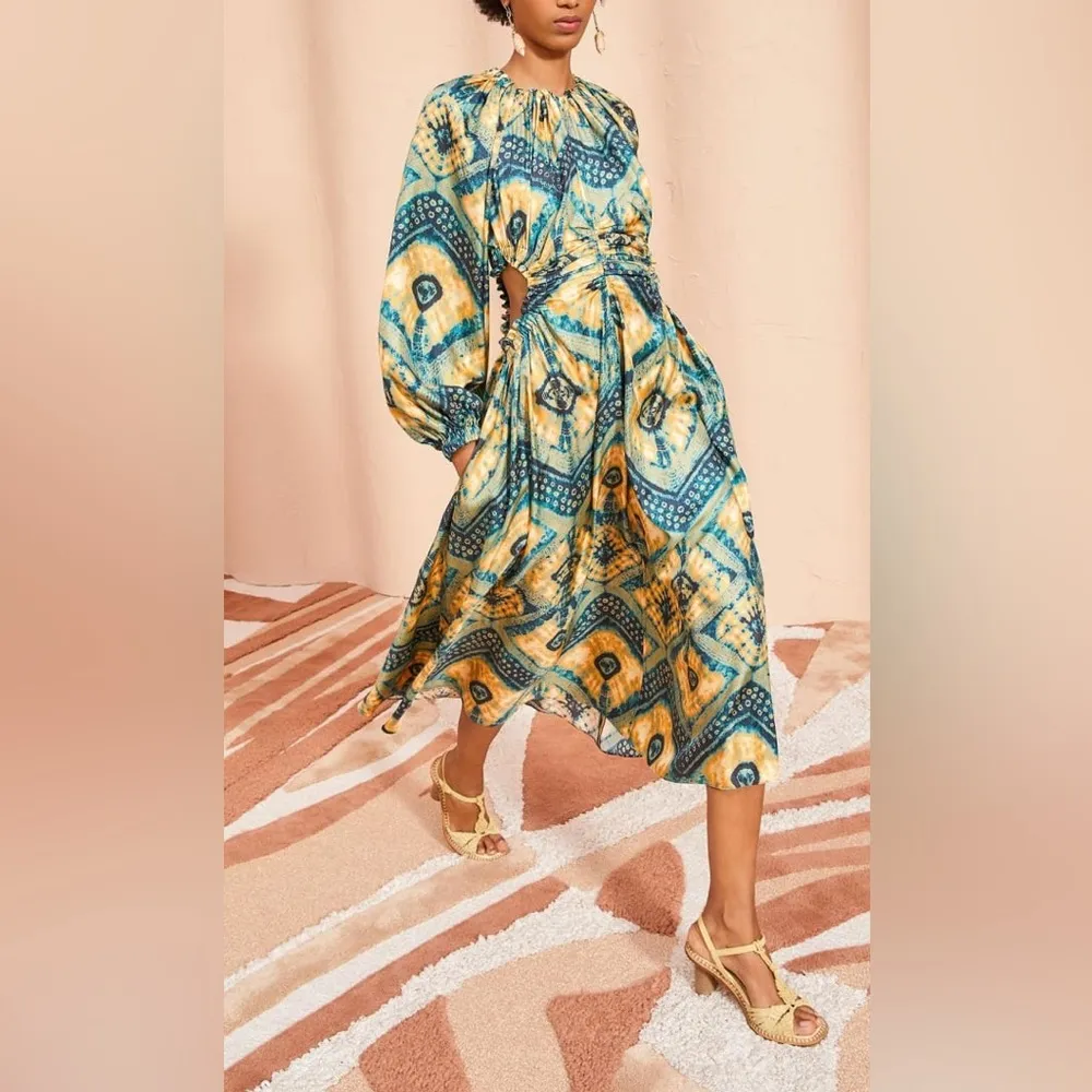 Ulla Johnson Tulia Dress‎ Green Gold Constellation Silk Size 10 Cutouts Shibori - Image 2