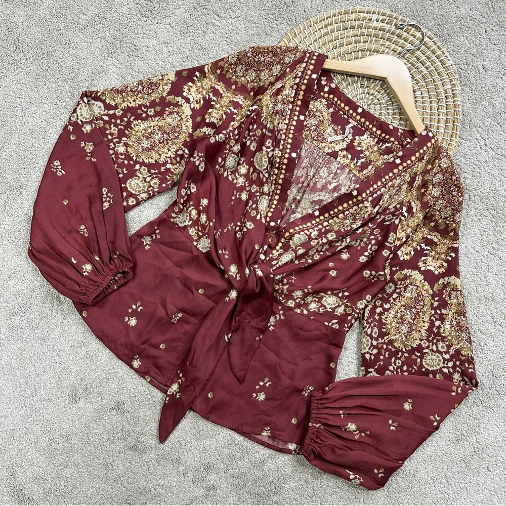 Free People Run Free Silky Satin Blouse Top V-Neck Longsleeve Chocolate Combo M - Image 4