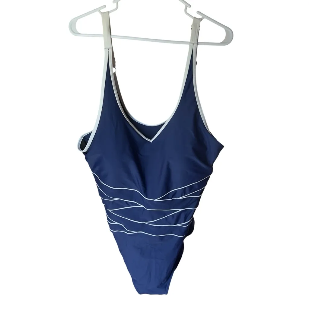Sea & Sand Beachwear Navy‎ White Piped One Piece Swimsuit 24W Plus Size Blue - Image 3