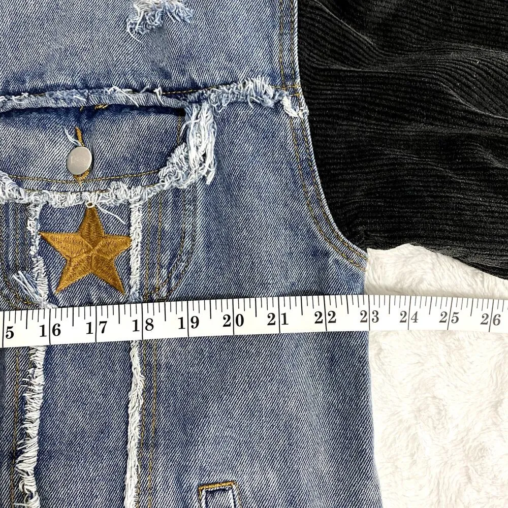 POL Blue Denim Corduroy Distressed Star Oversized Boho Western Jean Jacket S - Image 7
