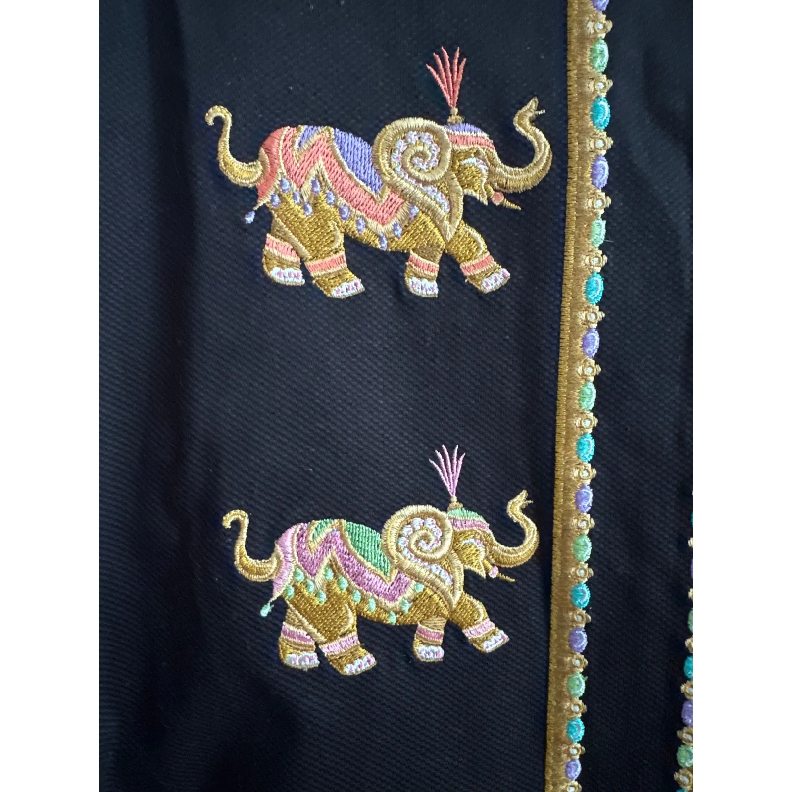 Bob Mackie wearable art black coat embroidered Elephants gold logo buttons large - Image 7