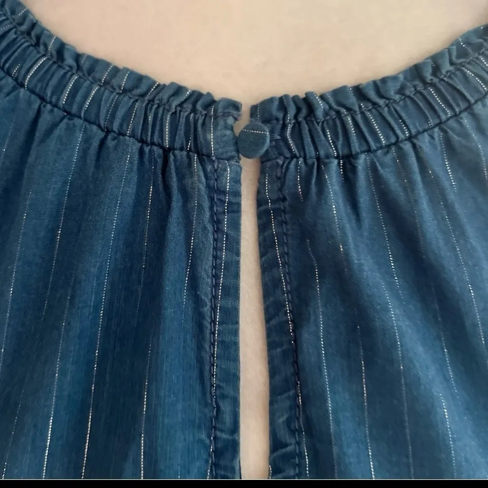 WHBM Top Blue Silver Metallic Striped Long Sleeve Blouse XS Smocked Cuff Party - Image 5