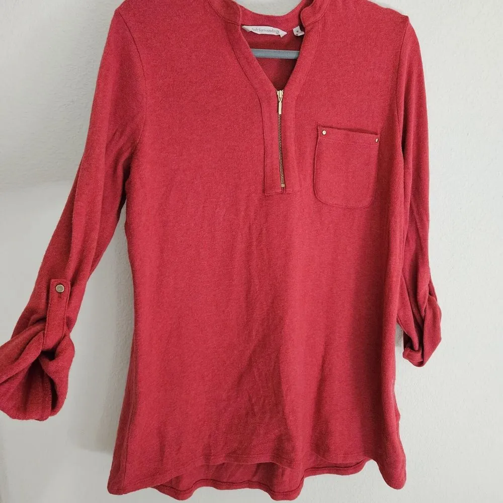 Soft Suroundings Soft Knit Roll Tab 1/4 Gold Zip Tunic Womens Size M Red - Image 3