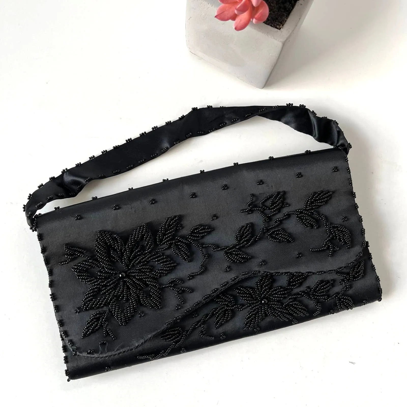 Vtg 70s Richere Bag by Walborg Hand Beaded Holiday Hollywood Clutch Satin Glam Black - Image 10