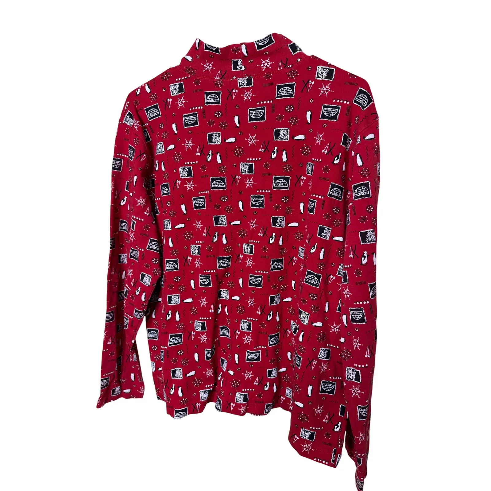Vintage St Johns Bay XL Red Penguin Snowflake Print Long Sleeve Mock Neck Top - Image 5