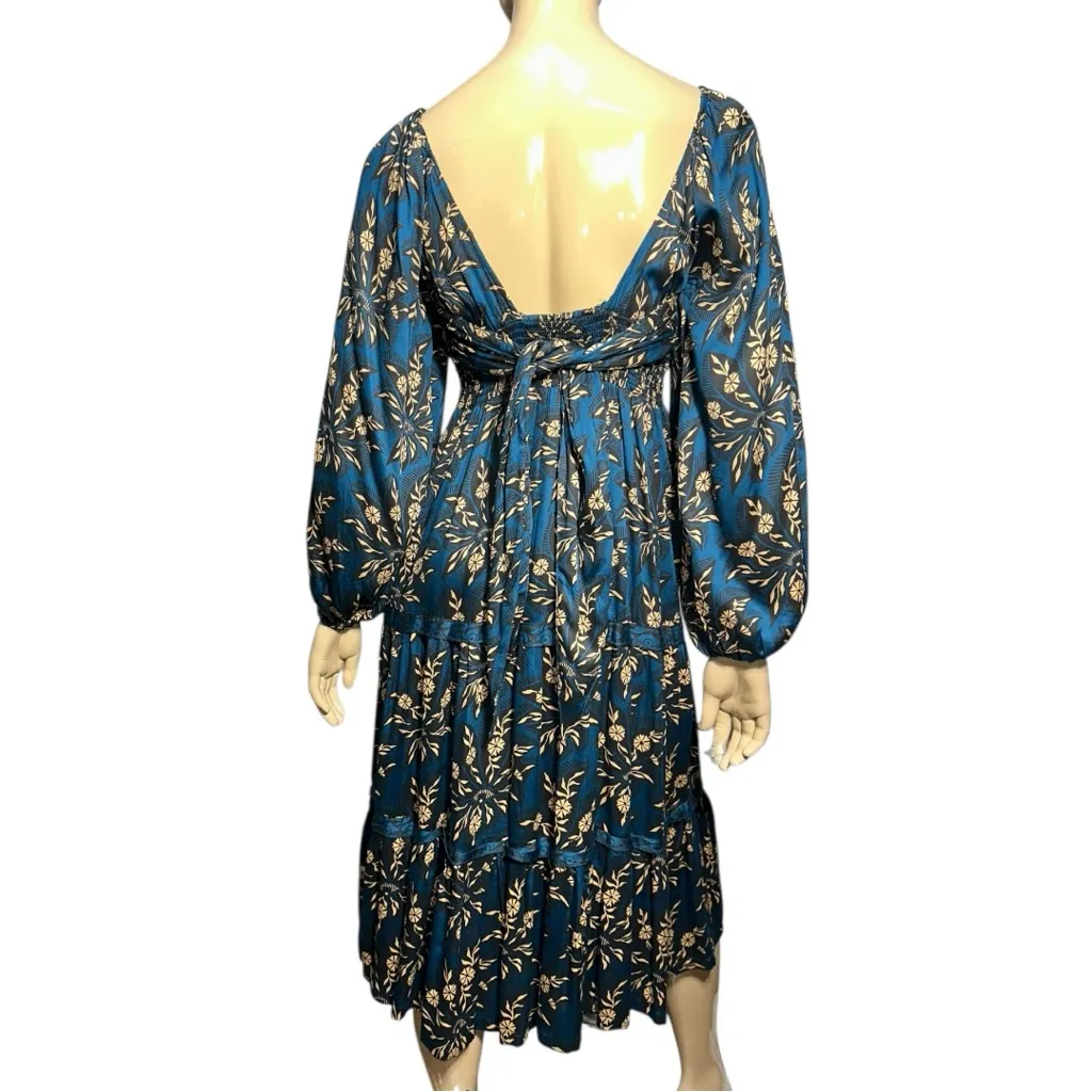 Omika Women’s Sz XS Marli Sapphire Blue Floral Print Tie Back Monica Midi Dress - Image 5