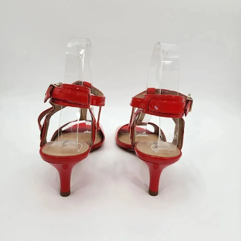 Antonio Melani Patent Leather Red Coral Low TStrap Open Toe Slide Heel Size 7.5 - Image 4