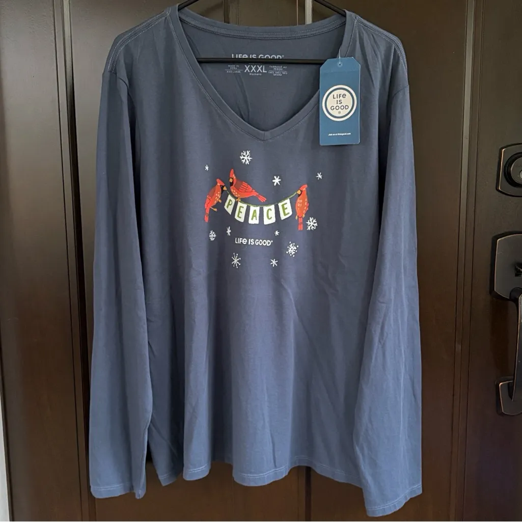 NWT Life Is Good Long Sleeve Crusher V Neck Peace Cardinal Tee Size 3X - Image 3