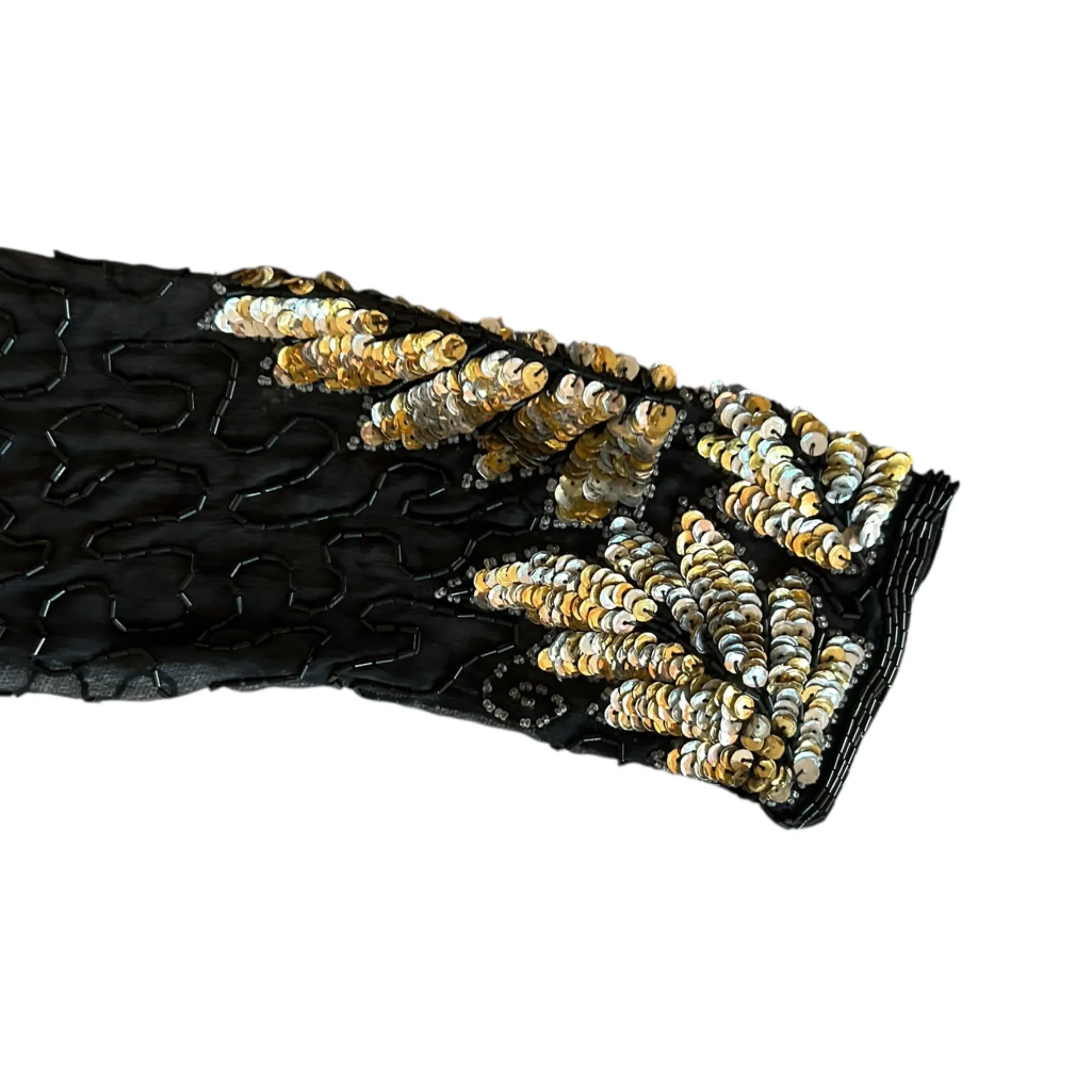 Vintage 80s Laurence Kazar Cocktail Party Black Gold Sequined Beaded Silk Dress - Image 3