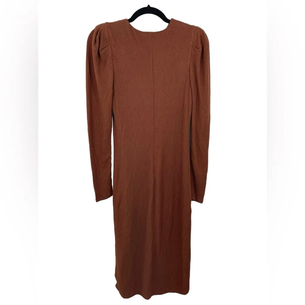 NWT Express Puff Long Sleeve‎ Ribbed Sweater Midi Dress Size XS Caramel Brown - Image 2
