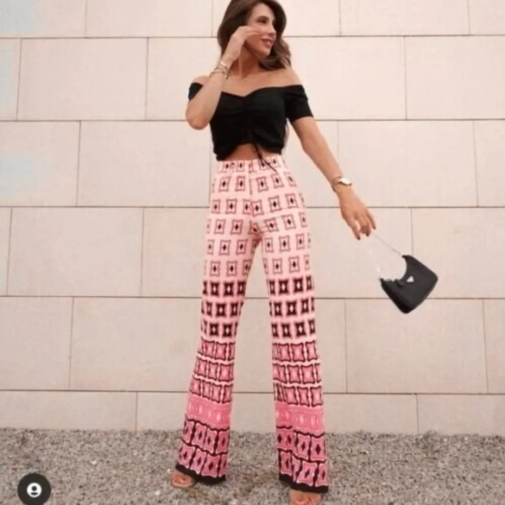 Zara Pants Flared Geometric Pink High Waist NWOT S Retro Party Resort Chic Glam - Image 2
