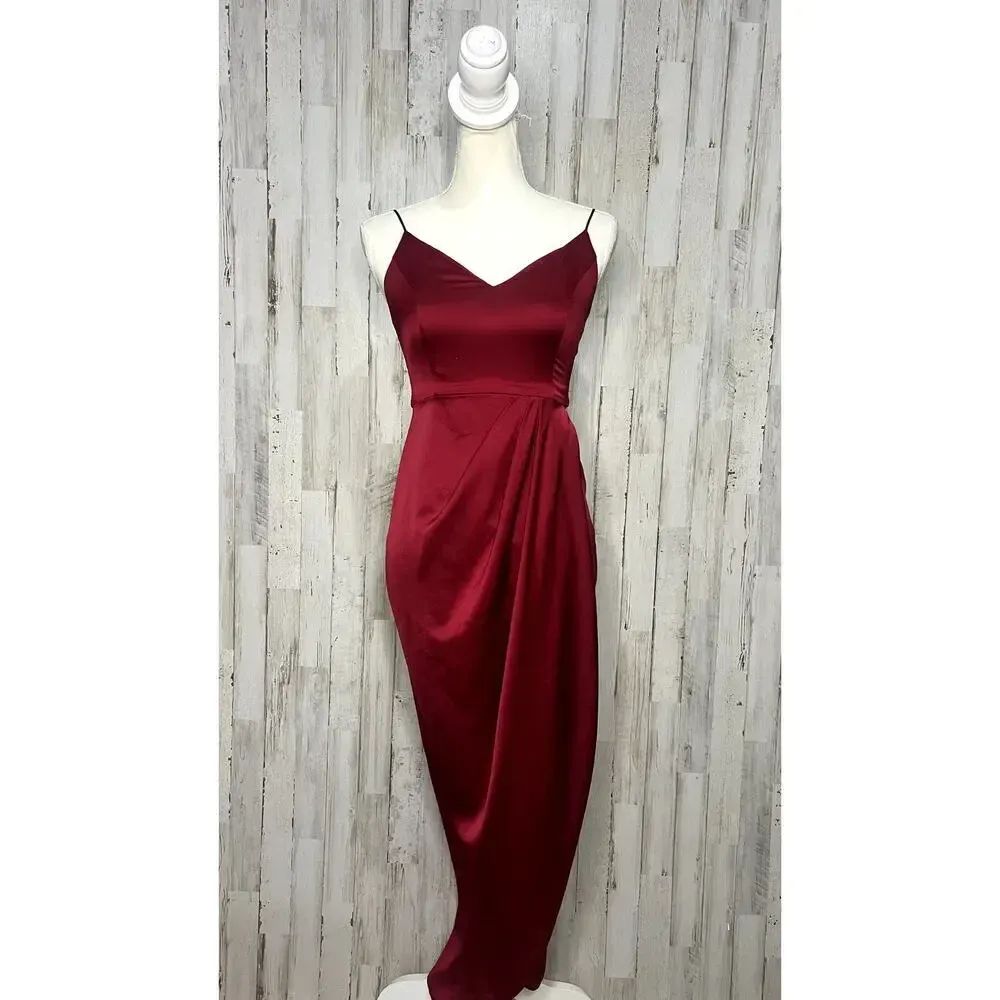 Express Women's Size‎ 0 Red Satin Midi Dress V-Neck Cocktail Party - Image 2