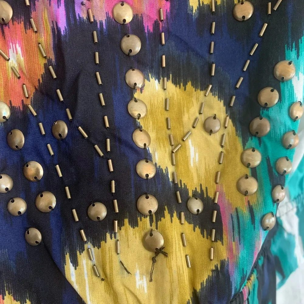 Angie Boho Sleeveless Mini Dress - Size M - Multicolor Ikat Print with Studs NWT - Image 4