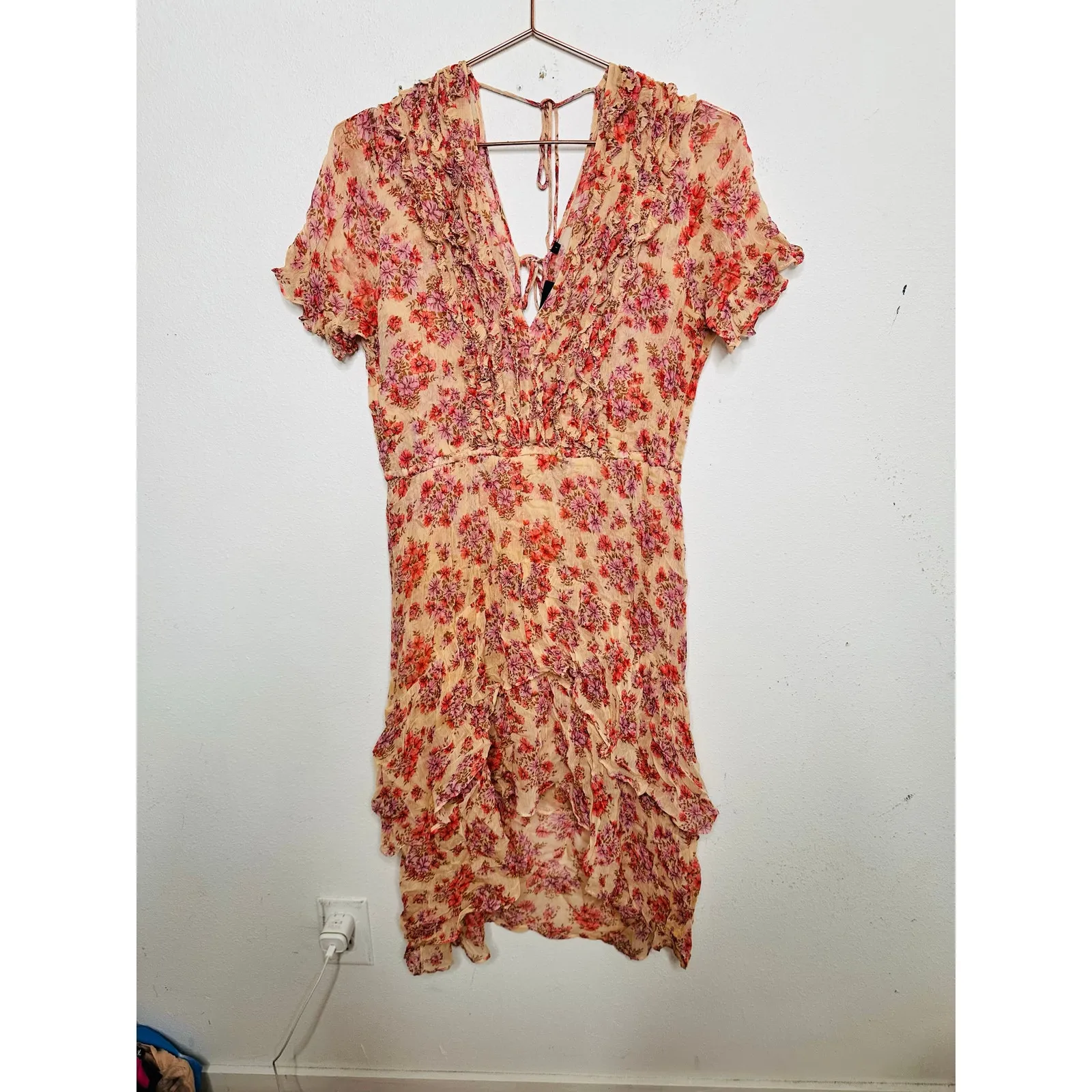 THE KOOPLES Pink Floral Ruffle Hemline Midi Tie Back Floral Frill Dress sz 1 - Image 2