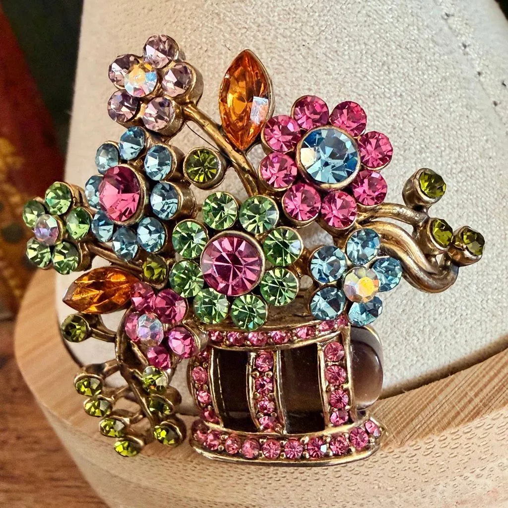 Colorful Rhinestone Flower Basket Brooch - Image 5