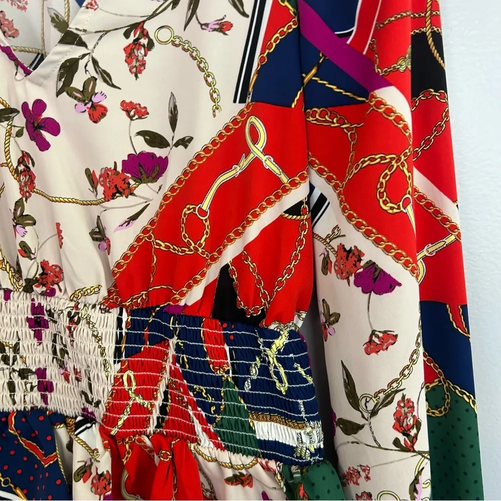 Aqua Chain Print Multi Color Floral Mixed Print Smocked Peplum Top Size XS - Image 10