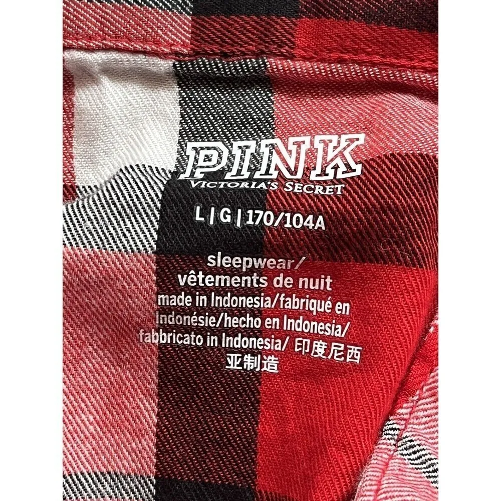 PINK Victoria’s Secret Women’s Plaid Pajama Top L Red Button Up Flannel Lounge - Image 9