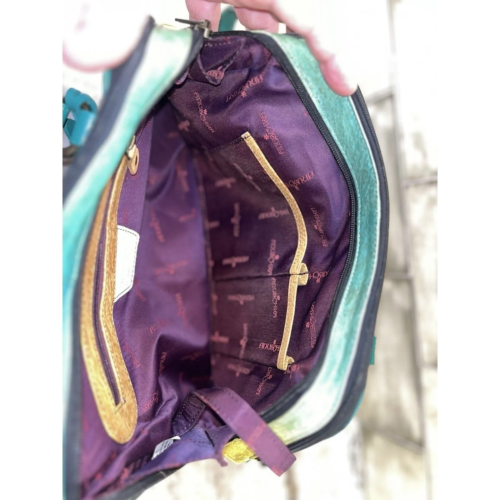 Anuschka Hand Painted Art Leather Tiger Leopard  Hibiscus Satchel Purse W/Coin - Image 10