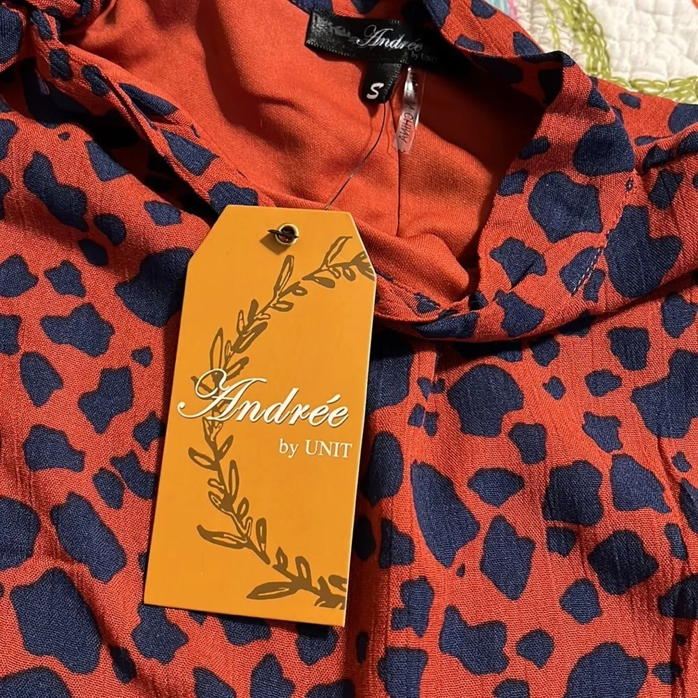 Andree by Unit small pullover dress with tie on shoulder rust blue spotted lined - Image 5