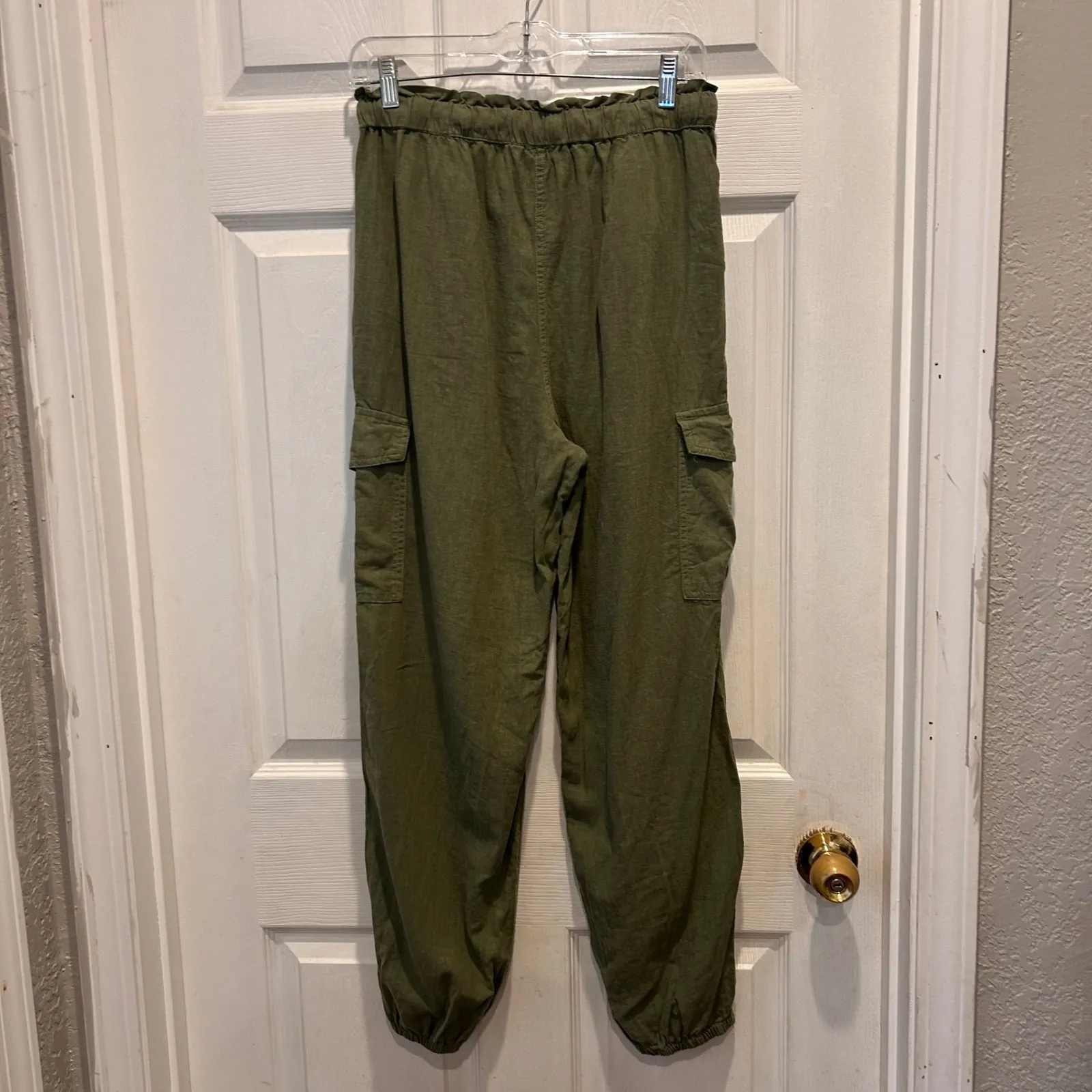 Aerie Olive Green Linen Blend Drawstring Waist Cargo‎ Jogger Pants Small - Image 4