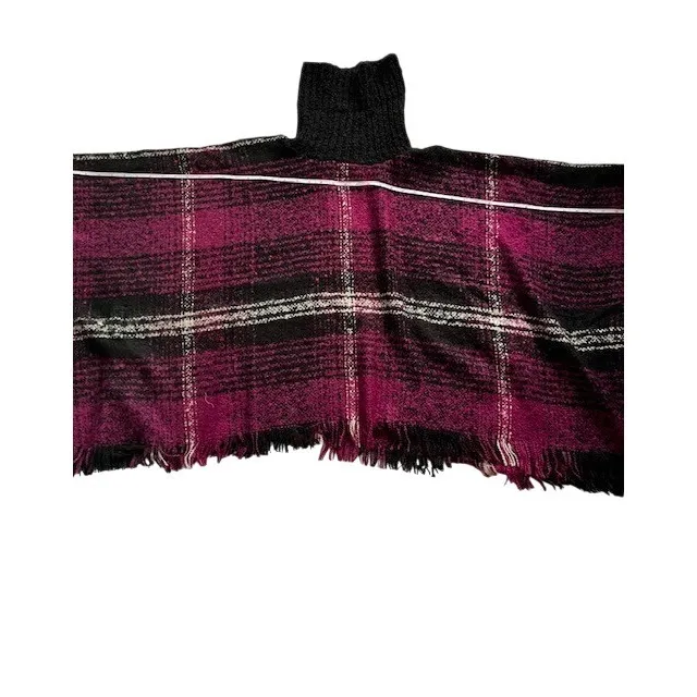 Max Edition Sweater women's Size L/XL Burgundy Black and White Poncho Boho - Image 7
