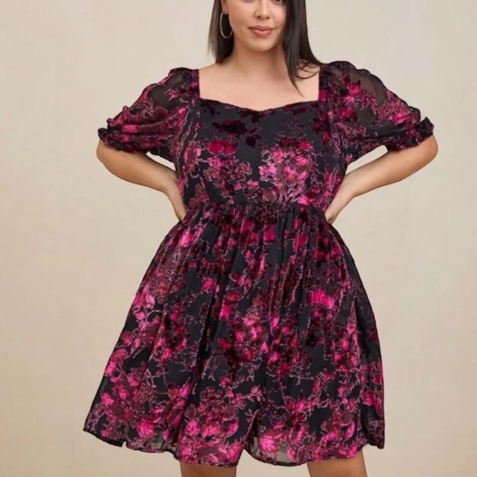 Torrid Cocktail Dress 16 Retro Plus Semi Formal Velvet Burnout Babydoll Swing - Image 3