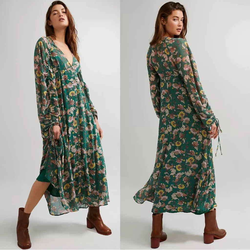 Free People Bohemian Billowy Earthfolk Maxi Dress Fall Floral Jade Green Medium - Image 14