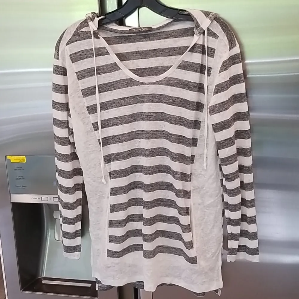 💕MICHAEL STARS💕 Linen-Knit Stripe-Hooded Pullover Grey White Striped Pattern - Image 4