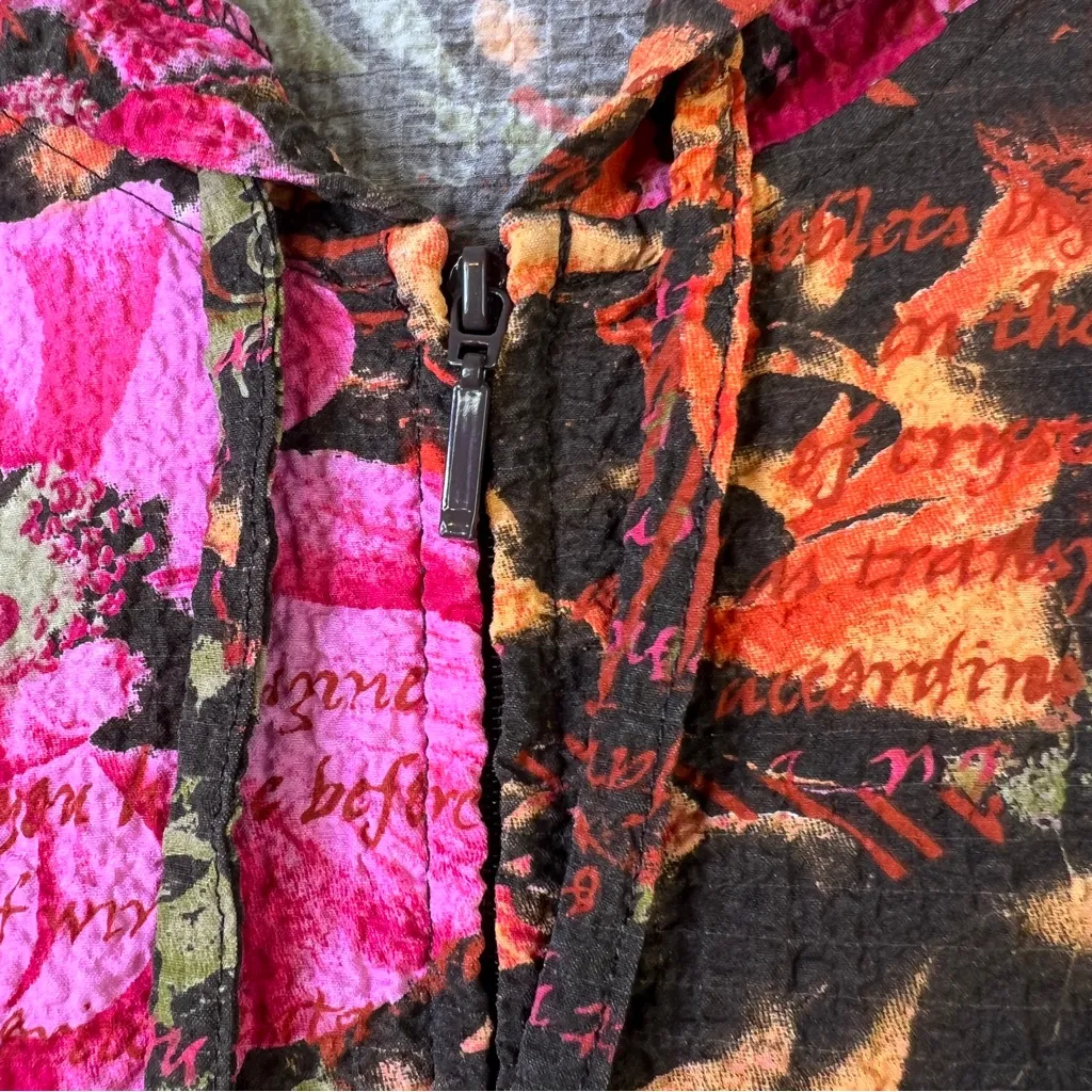 Analogy XL Floral Crinkle Gauze Zippered Front Drawstring Floral Hoodie Jacket Pink - Image 8