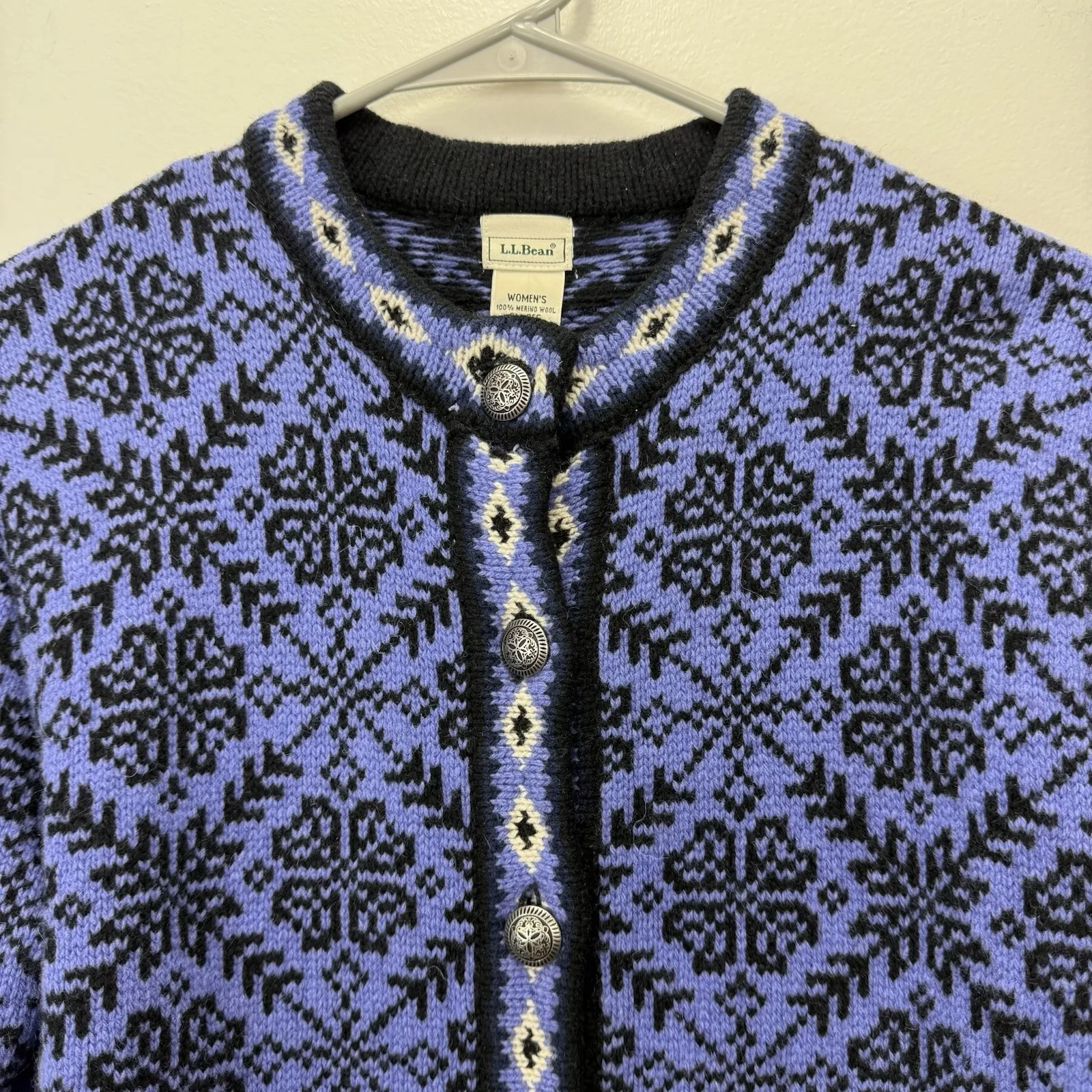 Vintage LL Bean Purple Nordic Snowflakes Button Wool Cardigan Sweater Size SMALL - Image 6