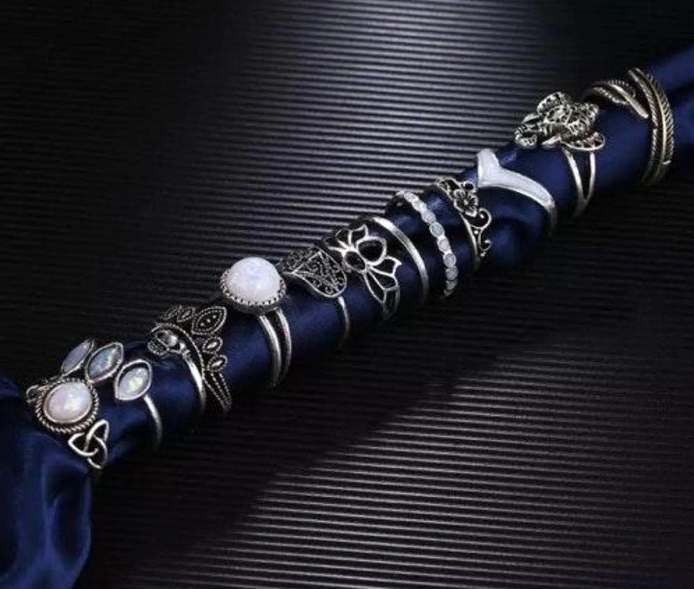 Boutique 13 Piece Silver Boho Opal Crystal Ring Set - Image 3