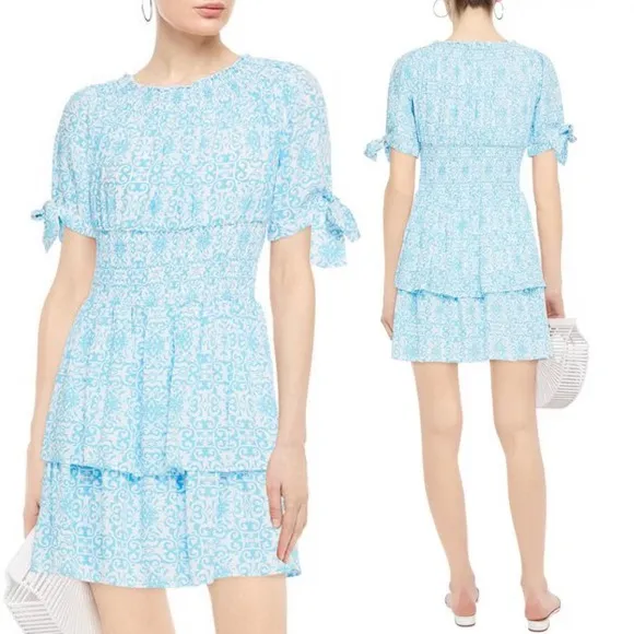 Melissa Odabash Camilla Tiered Shirred Printed Voile Mini Dress Light Blue XS - Image 2