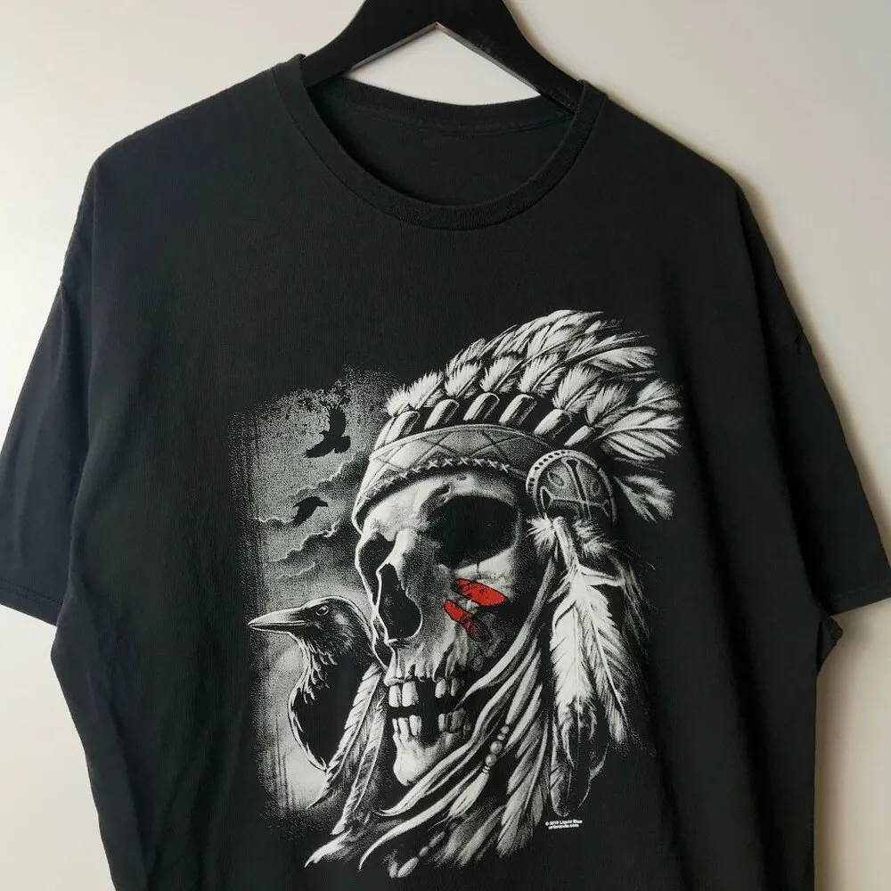 2016 Liquid Blue Skull Headdress Art T Shirt Large L Black Graphic Tee - Image 10