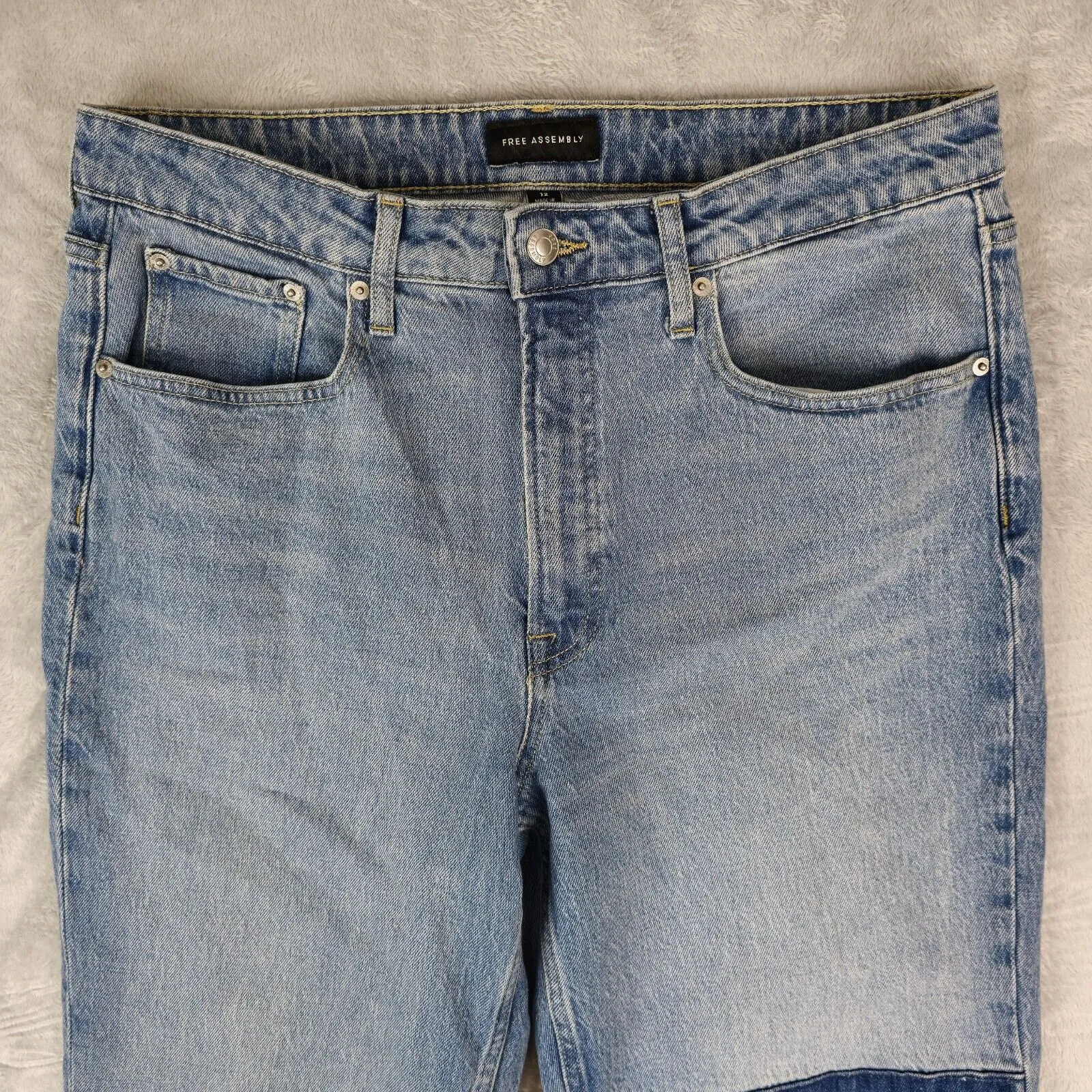 Free Assembly Jeans Womens 12 (33x30) Super High Rise Straight Patchwork Raw Hem Blue - Image 3