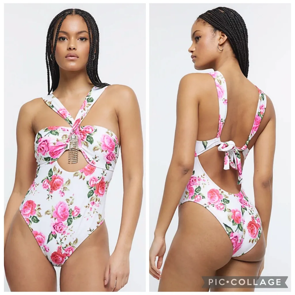 River Island Floral Cut Out One Piece Swimsuit White Pink 12 - Image 2
