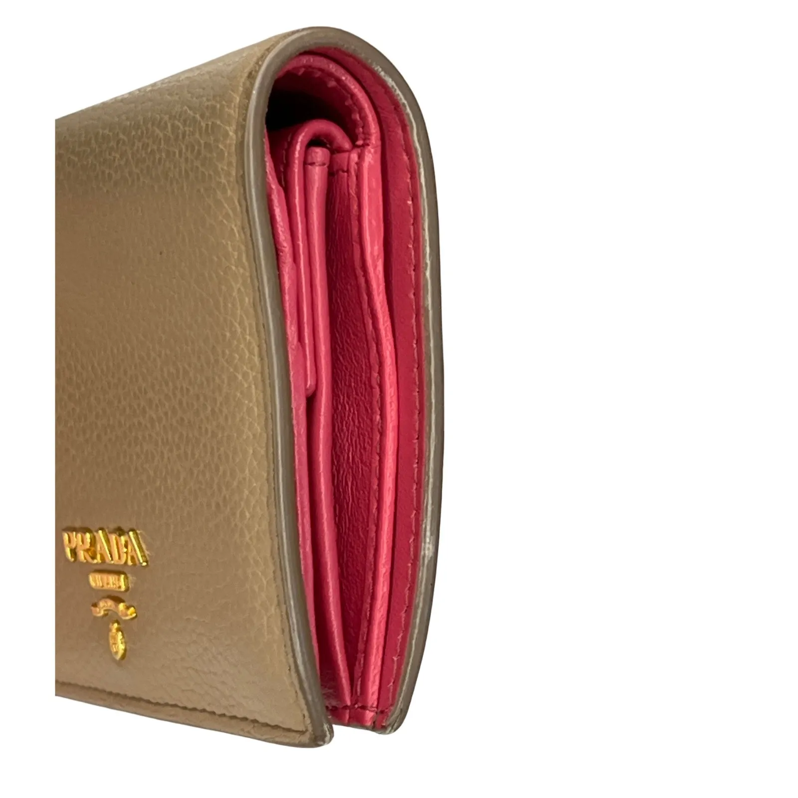 Prada Vitello Daino Taupe Beige Leather Bifold Wallet Pink Interior With Box - Image 12