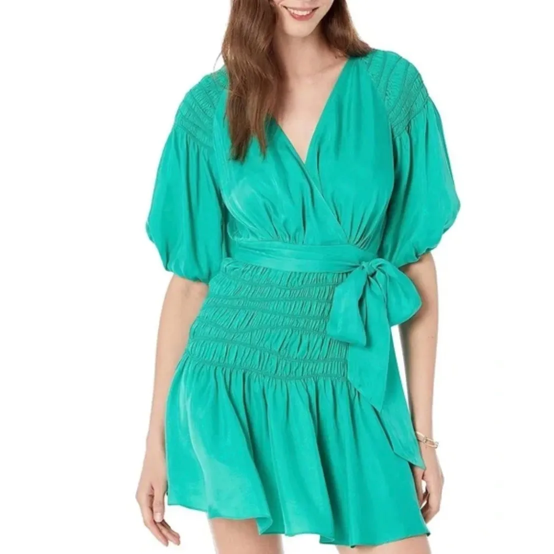Ted Baker Green Babydoll Mini Dress Womens 1 Small Vegan Silk Smocked Feminine - Image 9