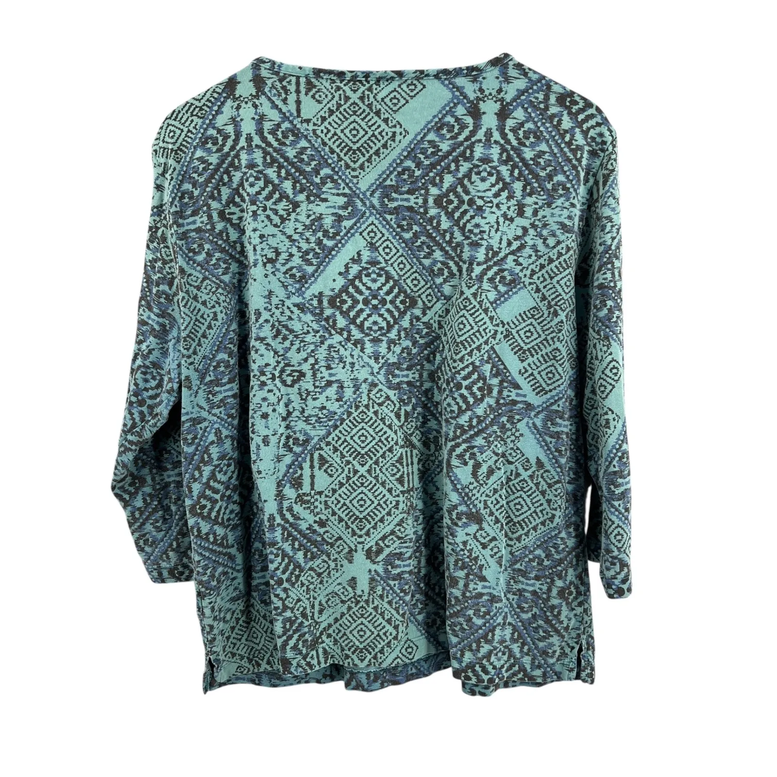 Prairie Cotton Top L Teal Blue Geometric Print Made in USA Southwestern Artisian Size L - Image 2
