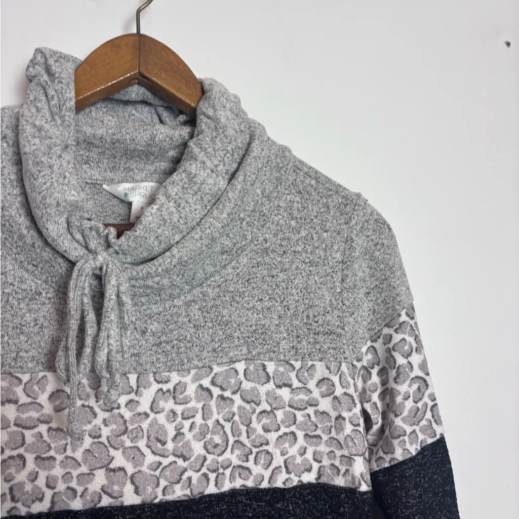 Market & Spruce Black Gray Cameron Cowl Neck Brush Knit Top with Leopard Print - Image 8
