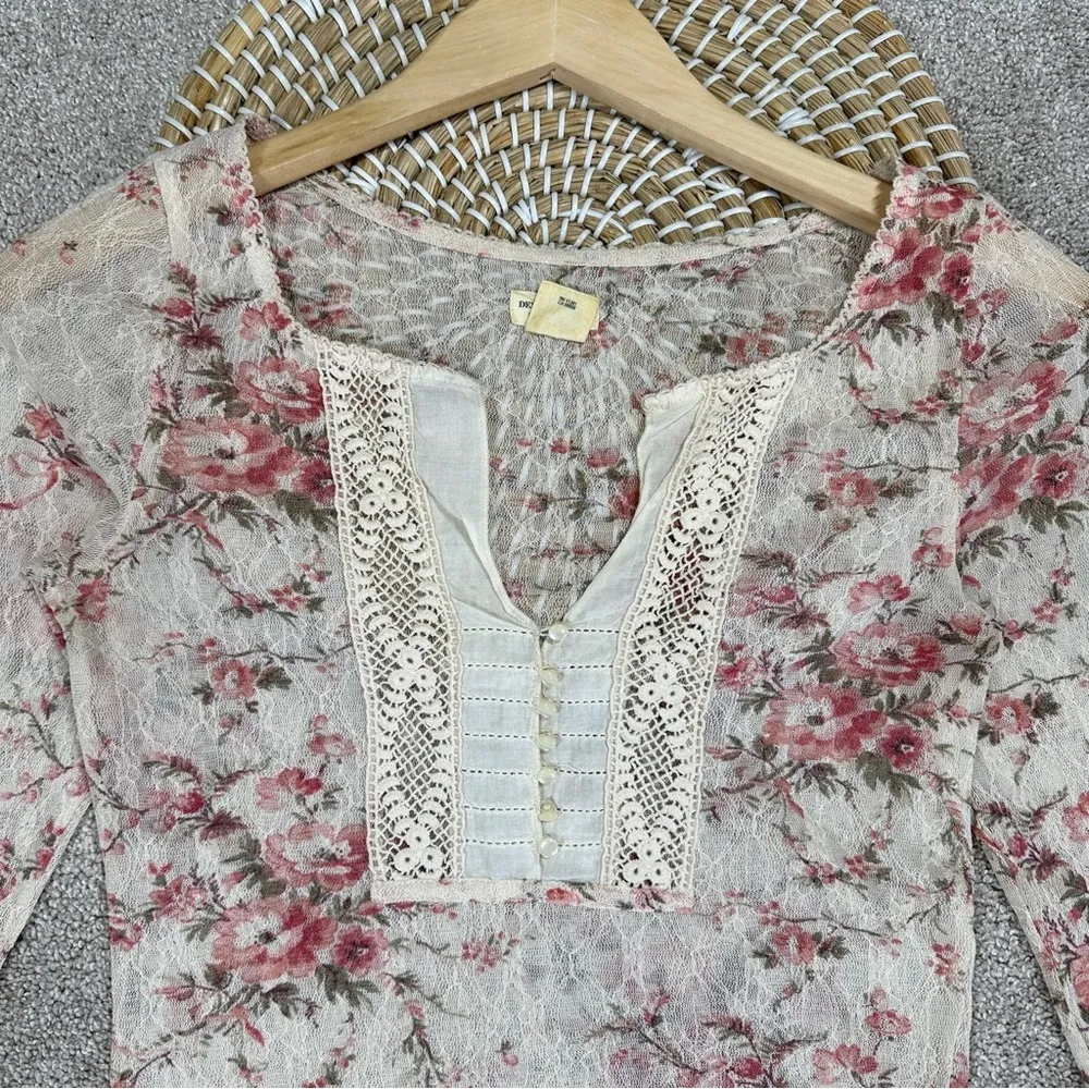 Denim & Supply Ralph Lauren Henley Sheer Lace Delicate Floral Top Cottagecore SP Pink Size undefined - Image 4
