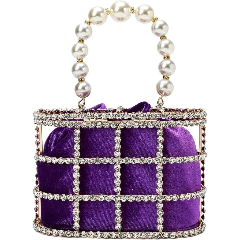 ⚡Women's Purple Detachable Pearl Diamond Chain Soft Velvet Shoulder Clutch Bag - Image 3