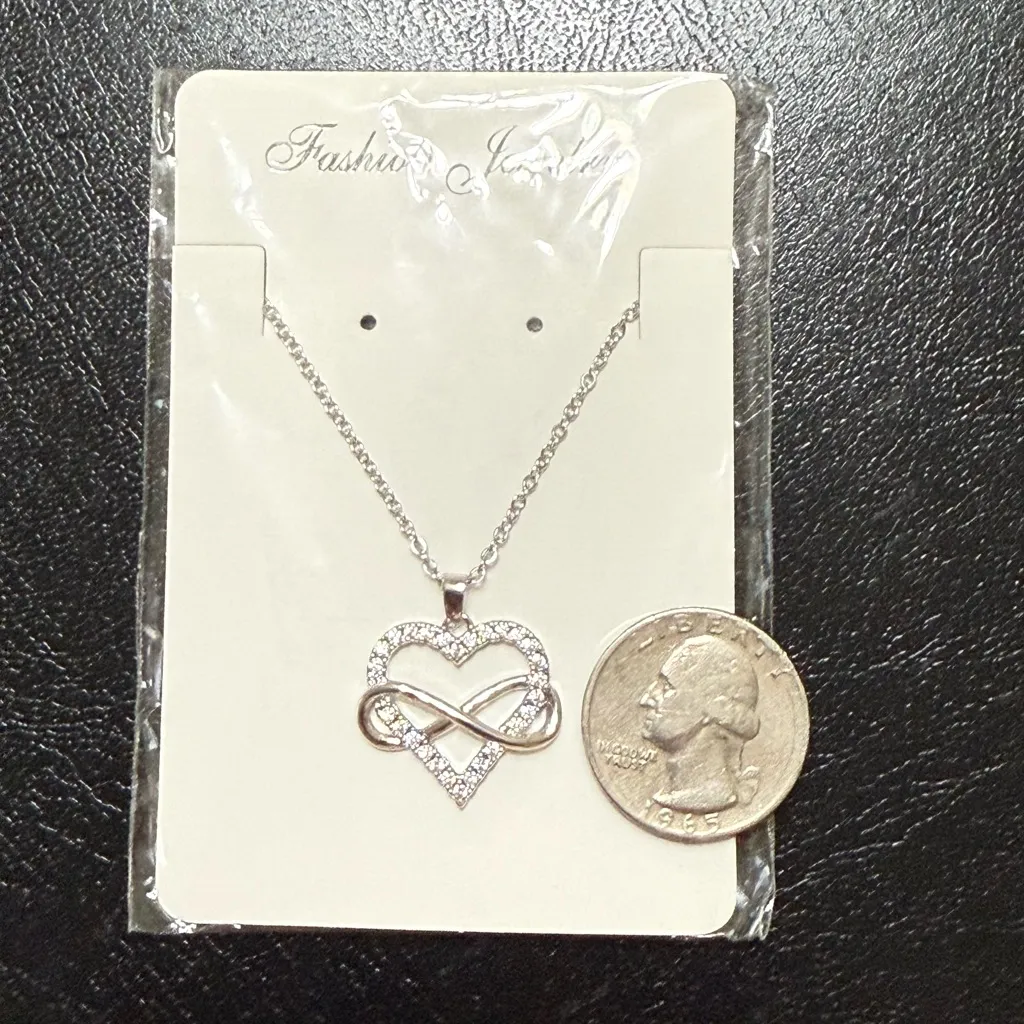 Silver Tone Heart Infinity Necklace With Clear Crystals New - Image 3