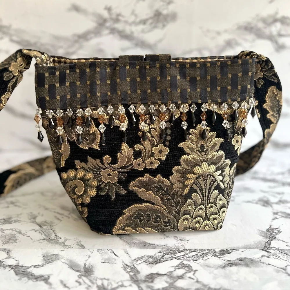 Bag Crossbody Shoulder Artisan Brocade Black Gold Metallic Beaded Tapestry - Image 9
