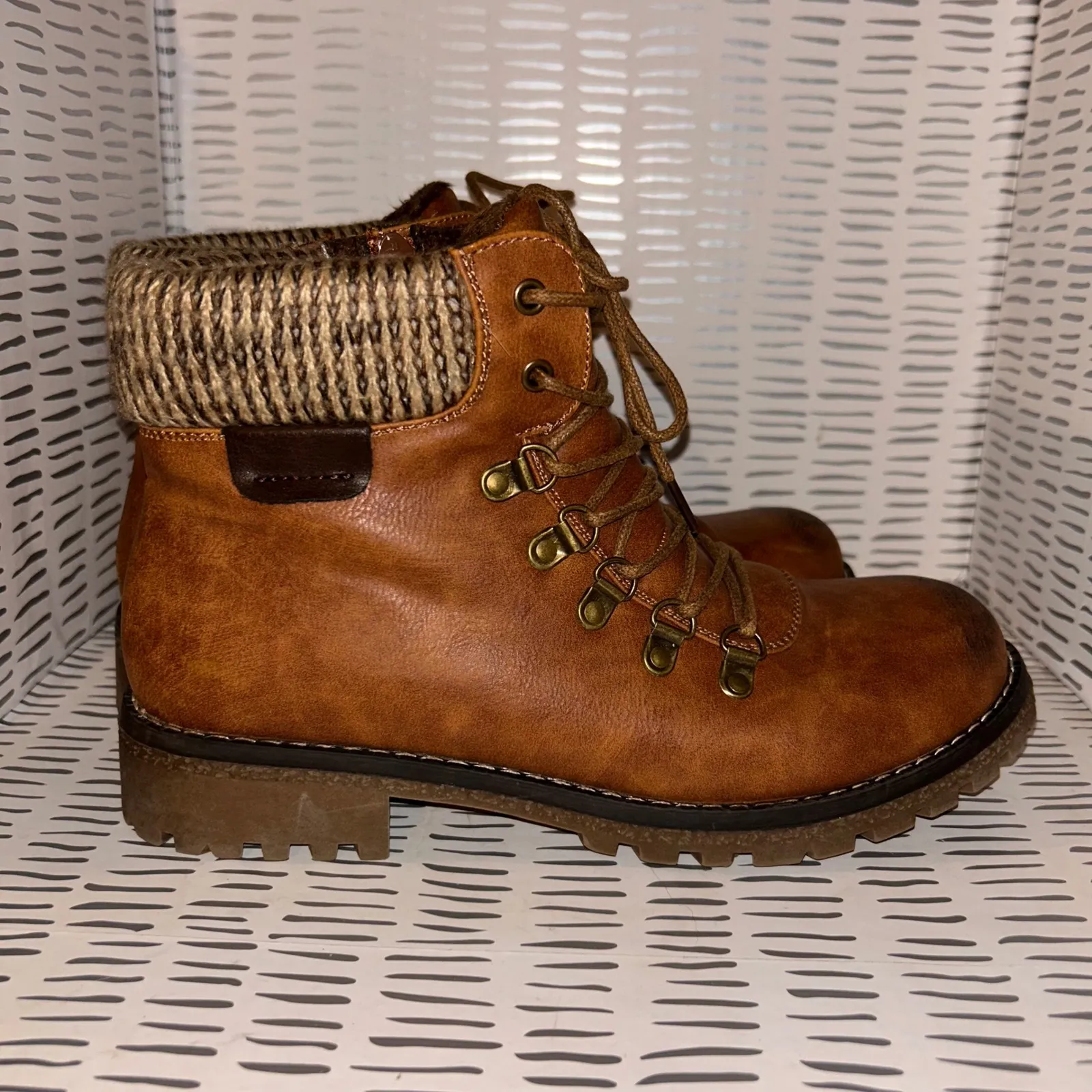 Patrizia Women's Clarris Brown Lace Up Zip Combat Boots Knit Collar Size‎ 40 9 - Image 4