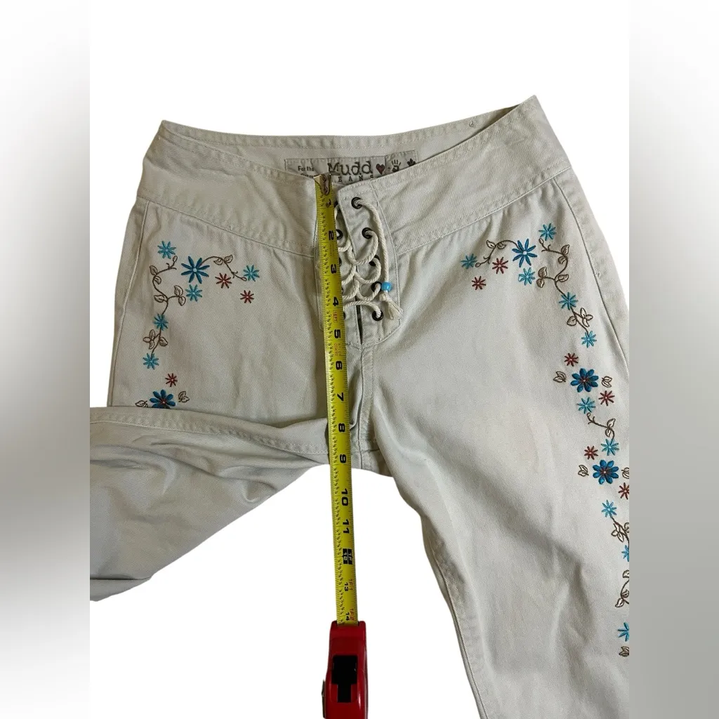 Vintage Y2K Mudd Lace-Up Front Tie Flare Jeans Size 3 Floral Embroidered RARE - Image 11