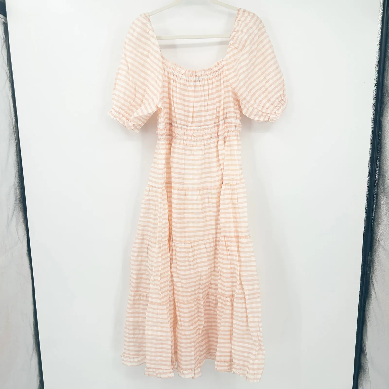 Moon River Womens Milkmaid Resortwear Poplin Striped Puff Sleeve‎ Midi Dress M - Image 8