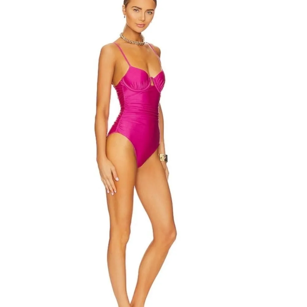JONATHAN SIMKHAI Satin Ruched Cup Underwire Dragon Fruit Swimsuit - Image 3